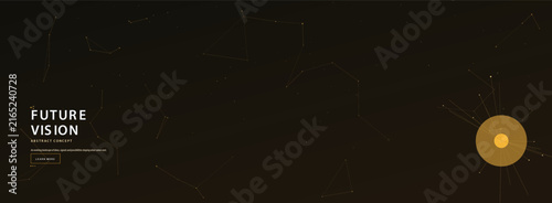Abstract Dark Background Design Featuring Geometric Network Nodes and Golden Celestial Circles for Modern Digital Technology Presentations