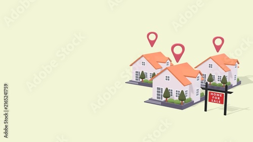 House for sale animation with copy space representing real estate property selling, real estate business, residential investment, property marketing, and housing market concepts.