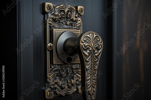Elegant brass door handle with intricate floral design adding a touch of luxury to a dark wooden door