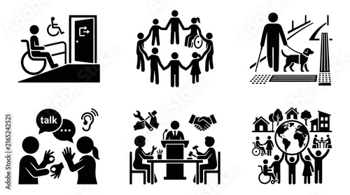 Set of black disability accessibility and community inclusion icons showing wheelchair access sign language and support