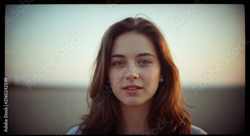 Young woman with wavy hair and a serene expression stands outdoors at sunset.