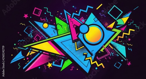 Vivid geometric shapes with bright neon colors in a dynamic abstract composition.