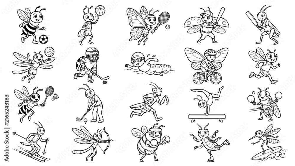 Obraz premium Insects Playing Sports Coloring Page Bee Butterfly Ant and Bugs Doing Sports