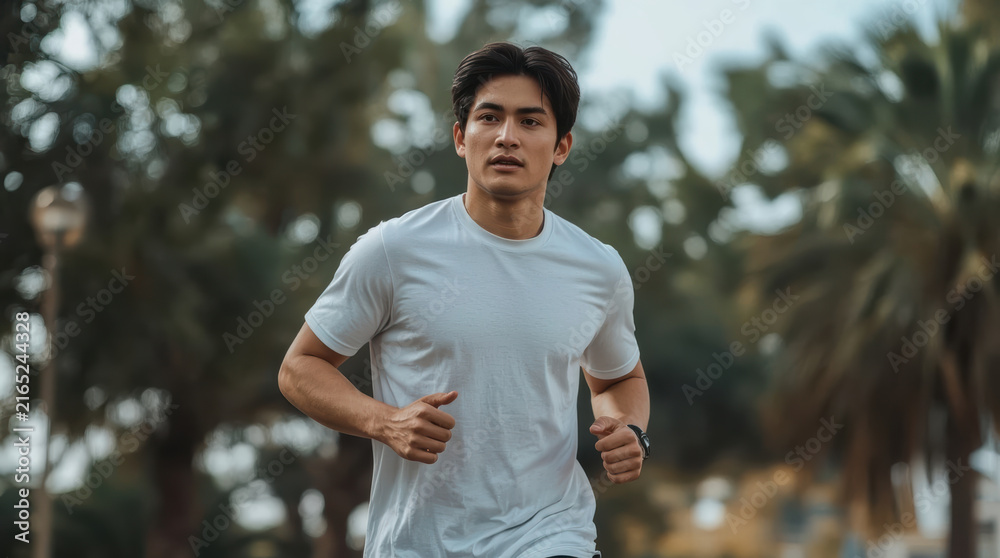 Naklejka premium Asian man running outdoors in white shirt, focused expression