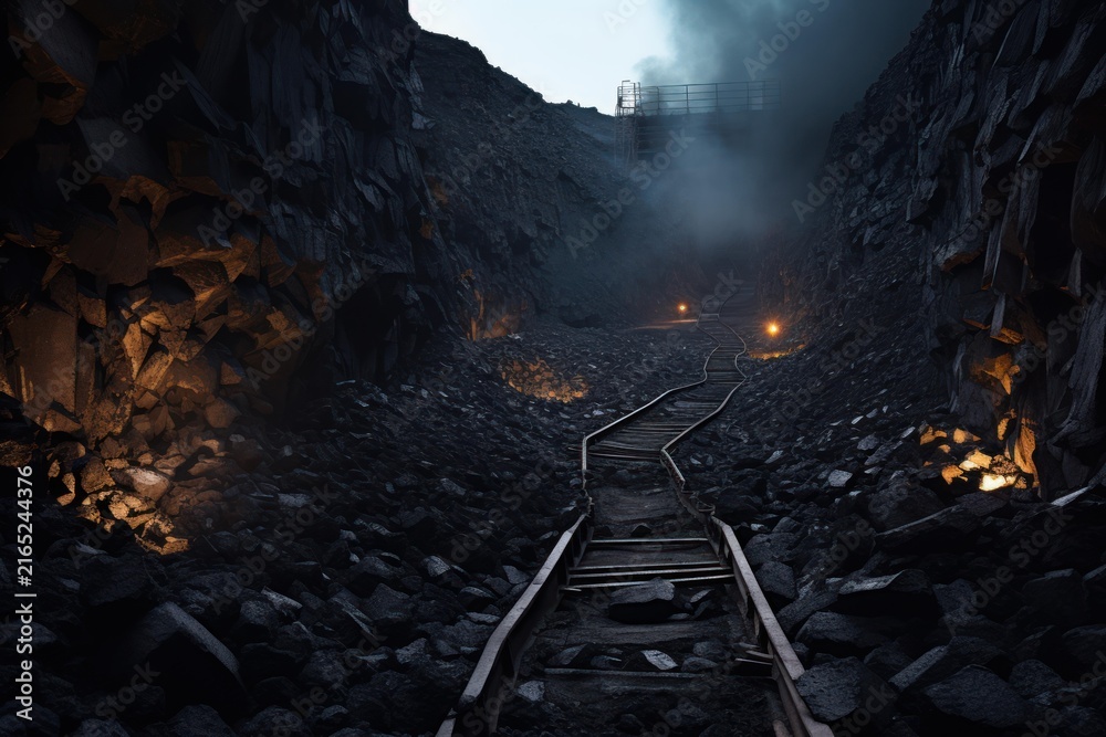 Obraz premium Narrow gauge railway disappearing into dark coal mine at dusk, illuminated by few lights, with smoke or fog partially obscuring the scene