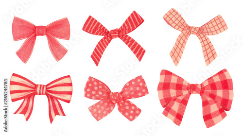 Collection of hand painted textured pink and red bows with stripes polka dots and plaid patterns. illustrations for greeting cards, posters, gift wrapping, scrapbooking and nursery decor.