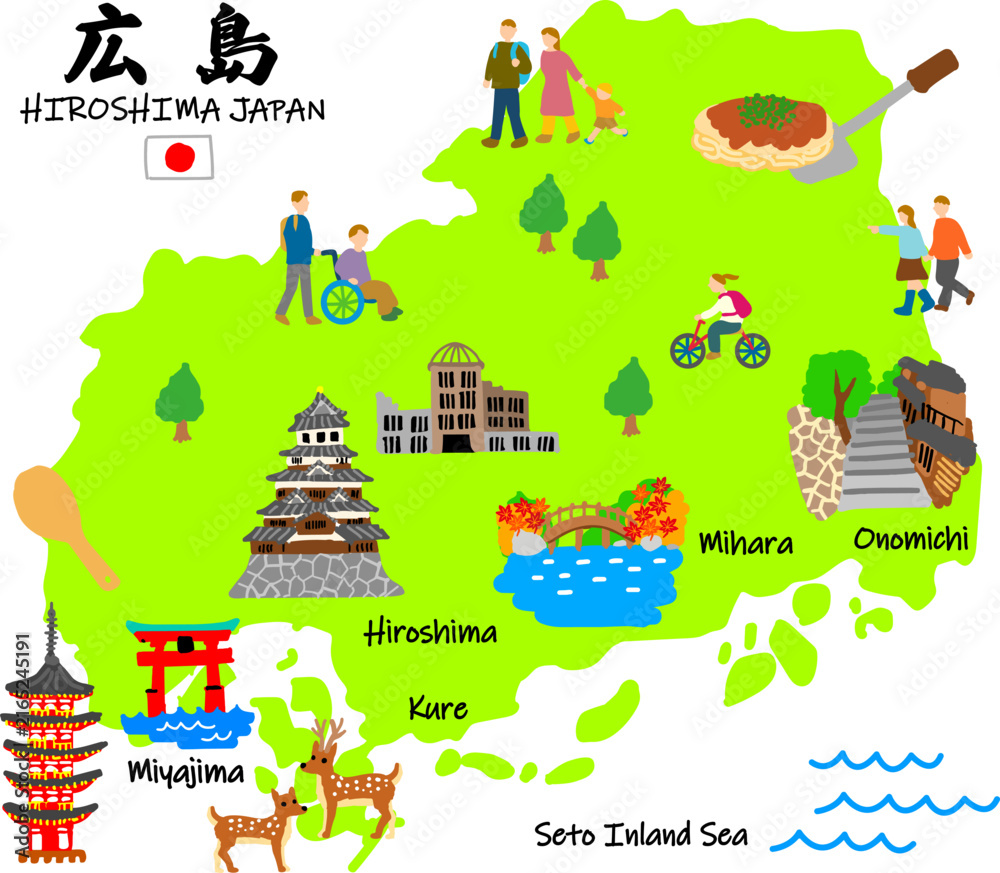 Fototapeta premium 広島旅行、手描きの観光スポットと観光客フラットイラスト