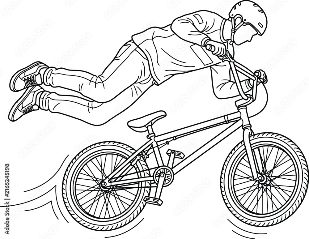 Fototapeta premium Dynamic line art illustration of a BMX rider performing an extreme superman trick mid-air with helmet, concept for athletic agility, ideal for sports posters, coloring pages, and event branding