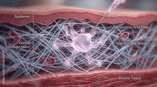 Hyaluronic acid filler injection site bolus in dermis collagen matrix, showing epidermis, muscle tissue, and detailed skin layers in educational medical illustration