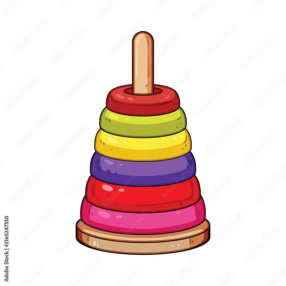 Fototapeta premium Stacking toy with multiple colorful rings developing hand eye coordination and problem solving skills, representing childhood education and play activity for babies and toddlers