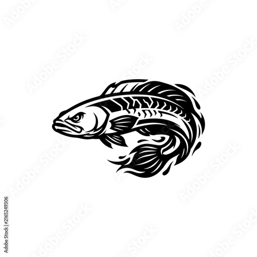 Aggressive predatory fish black and white vector illustration.