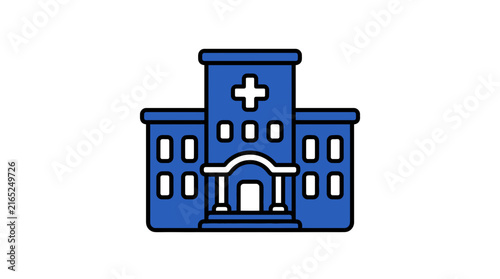 Symmetric hospital building icon with blue cross.