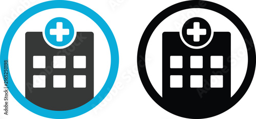 Hospital building icons with medical cross sign in blue and black circular frames