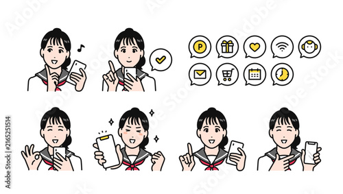 Naklejka スマホを持つセーラー服を着た女子学生のポジティブな感情アイコン シンプルなベクターイラストセット素材