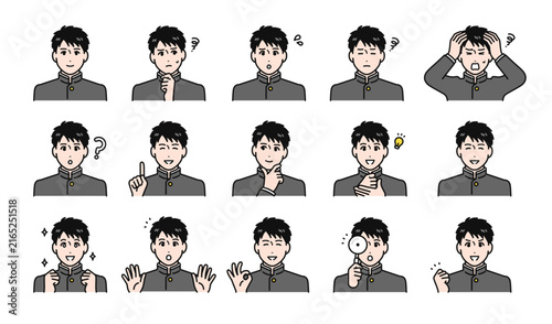 Naklejka 学ランを着た男子生徒のシンプルなベクター表情アイコンイラストセット素材
