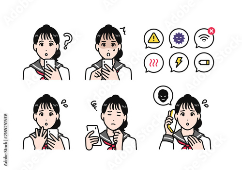 Naklejka スマホを持つセーラー服を着た女子学生のネガティブな感情アイコン シンプルなベクターイラストセット素材