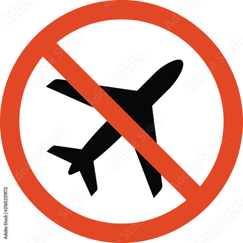 No flight sign, airplane prohibited symbol, travel restriction icon on white background
