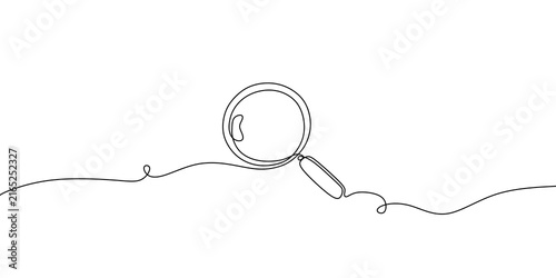 One line magnifying glass, minimalist continuous line drawing, simple search and inspection icon