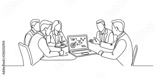Hand drawn outline vector of corporate meeting at laptop showing strategy target
