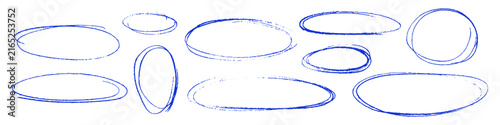 Blue ballpoint pen oval frames set vector isolated on transparent background. Hand drawn pen scribble circles, highlight ring doodles, handwritten mark elements for note emphasis and text selection