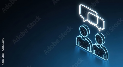 Glowing wireframe figures engaging in digital communication with speech bubbles on a dark blue background