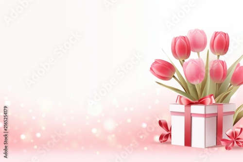 Pink tulips bouquet in a white gift box with red ribbons against a soft bokeh background