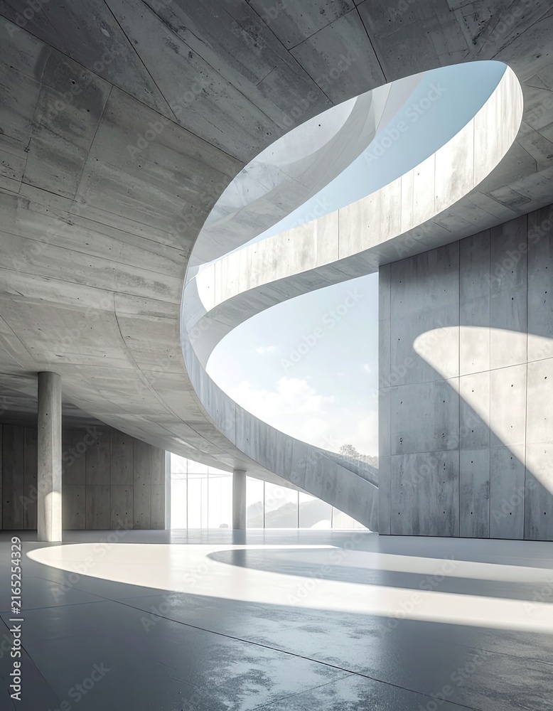 Obraz premium Modern concrete architecture with a sweeping spiral design and large windows.