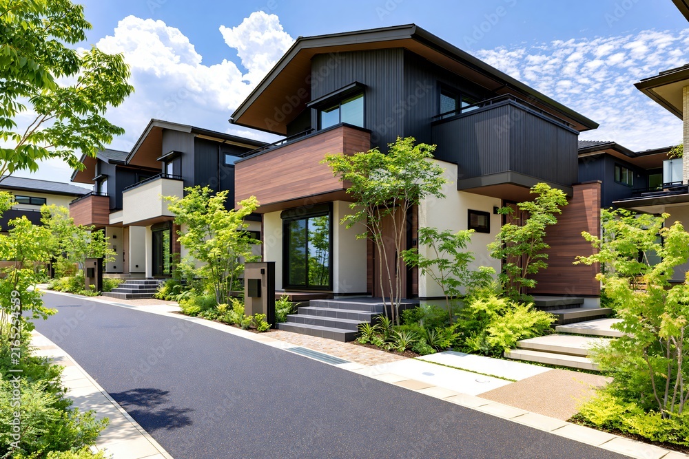 Fototapeta premium 新築モダン住宅が並ぶ明るい街並みと爽やかな青空