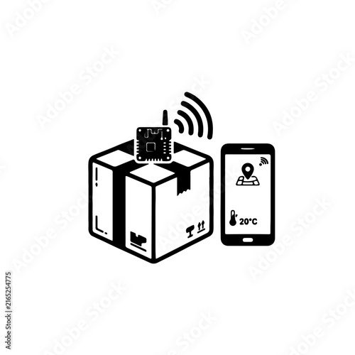 icon depicting an IoT sensor mounted on a cargo box, emitting signal waves, paired with a smartphone displaying real-time tracking data. Clean, minimalist style suitable for logistics