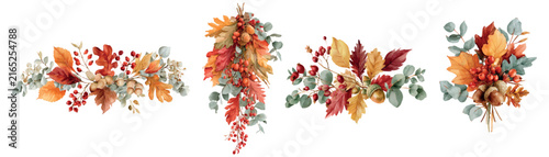 Autumn watercolor foliage arrangements, featuring vibrant fall leaves, red berries, eucalyptus branches, and acorns, creating seasonal botanical illustrations for design