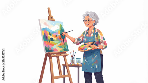 Elderly artist painting colorful portrait on easel with vibrant palette.