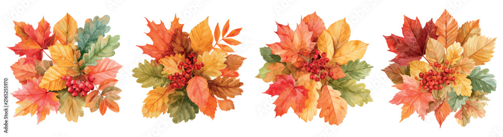 Fototapeta premium Autumn leaves collection featuring watercolor illustrations of maple, oak, and other fall foliage with red berries, creating a vibrant harvest and thanksgiving theme