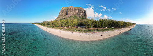 Mauritius. Le Morne Brabant mountain and coral lagoon beautiful sea view from above.