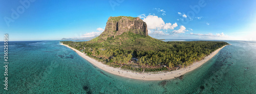 Mauritius. Le Morne Brabant mountain and coral lagoon beautiful sea view from above.