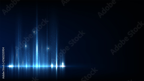 abstract blue technology background with glowing futuristic light beams digital audio wave sound equalizer and energy particles on dark backdrop, modern tech presentation banner