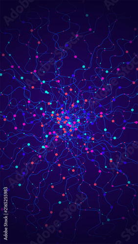 Vertical abstract background shows vibrant cyan pink glowing nodes densely branching outward through smooth wavy lines on dark purple backdrop created digitally, modern tech concepts