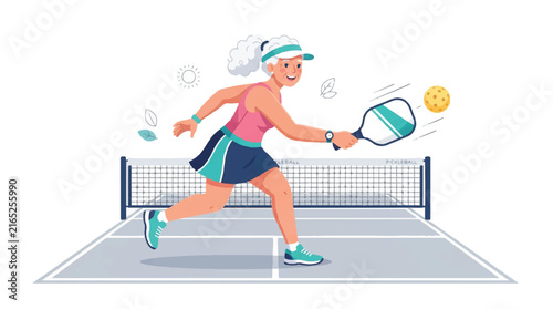 Energetic tennis player in mid rally on outdoor court swinging racket to hit ball.