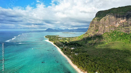Mauritius. Le Morne Brabant mountain and coral lagoon beautiful sea view from above.