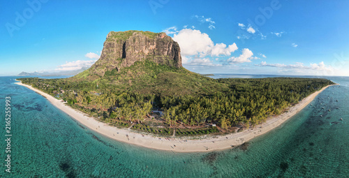 Mauritius. Le Morne Brabant mountain and coral lagoon beautiful sea view from above.