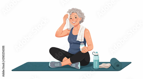 Illustration of an elderly woman practicing yoga on a mat with a water bottle and dumbbells.