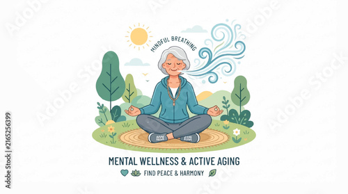 Meditation practice in peaceful outdoor setting promoting mental wellness, active aging, and harmonious balance.