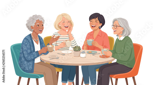Group of elderly friends sharing tea and chat at a cozy cafe table.