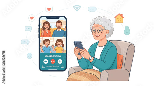 Elderly woman enjoys a cheerful group video call with family on a smartphone.