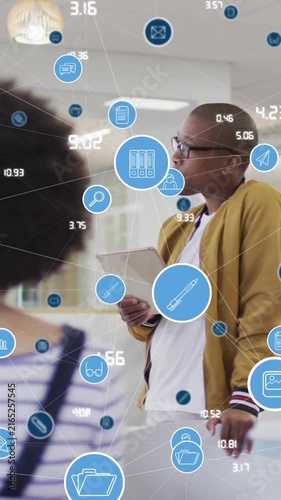 Animation of network of connections with icons over man and dentist working in warehouse