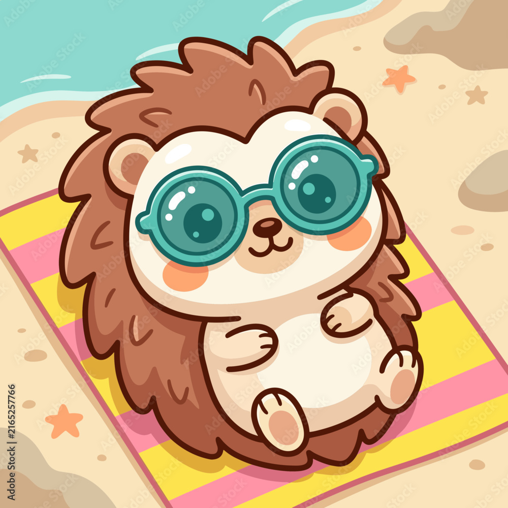 Obraz premium Cute Hedgehog Character Relaxing on Beach for Summer Product Mockup