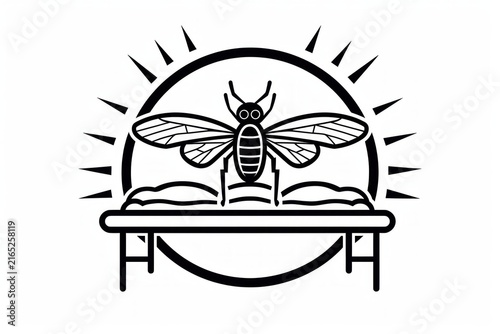 Stylized bee with wings resting on a table, backed by sun rays and a circular element