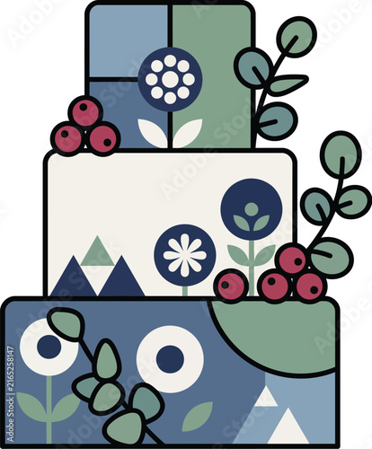 Scandinavian folk art cake vector, stylized tiered wedding cake with floral motifs, nordic botanical dessert illustration