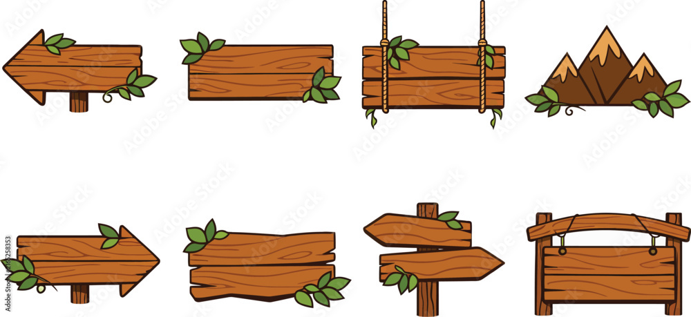 Fototapeta premium Rustic wooden sign collection with green leaves, 8 vector forest directional boards, cartoon timber mountain signage for games