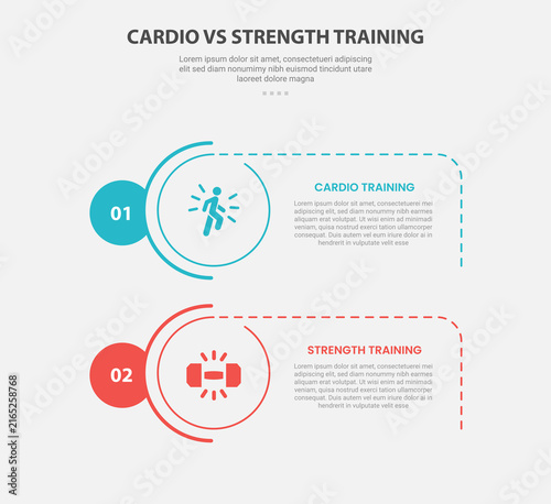 Cardio training vs strength training infographic outline style with 2 point comparison template with creative circle stack vertical for slide presentation