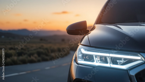Modern luxury SUV headlight close-up at golden hour sunset on scenic rural road drive
